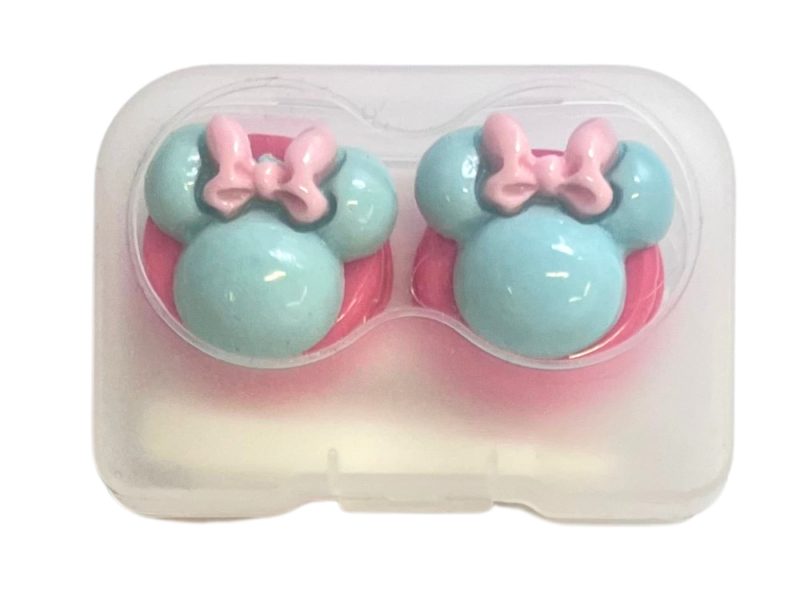 Estuche para lentes de contacto con figura de Minnie, Color: base rosa, turquesa, lazo rosa