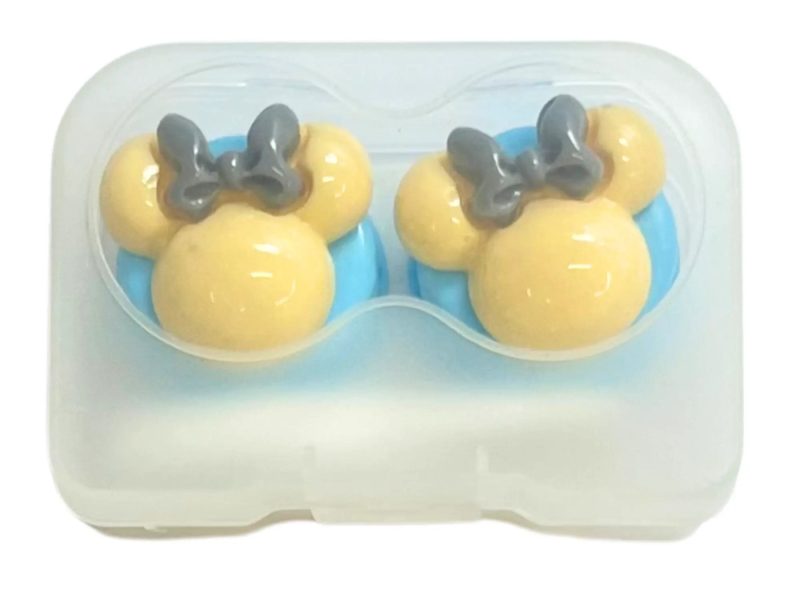 Estuche para lentes de contacto con figura de Minnie, color: base azul, amarillo, lazo gris