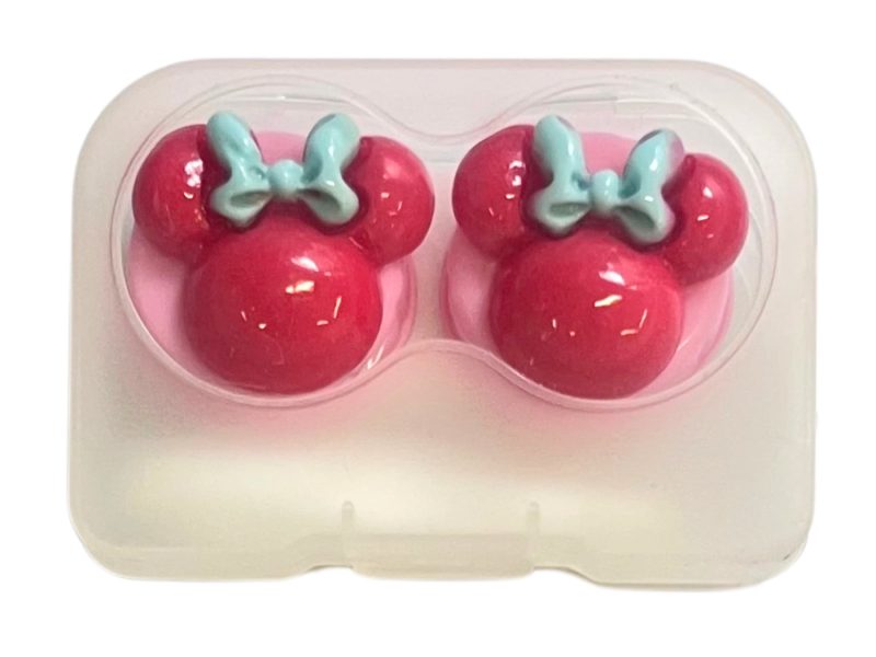 Estuche para lentes de contacto con figura de Minnie, color: base rosa, rojo, lazo azul