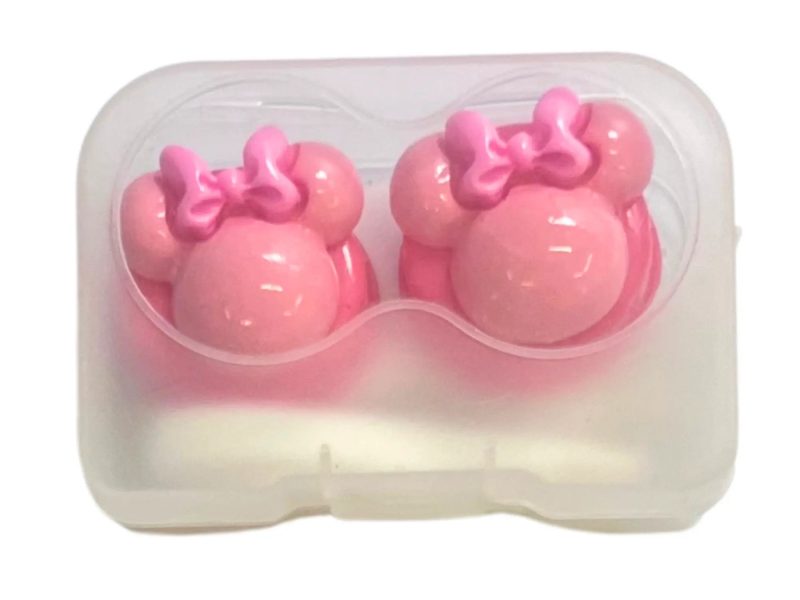 Estuche para lentes de contacto con figura de Minnie, Color: base rosa, rosa, lazo rosa