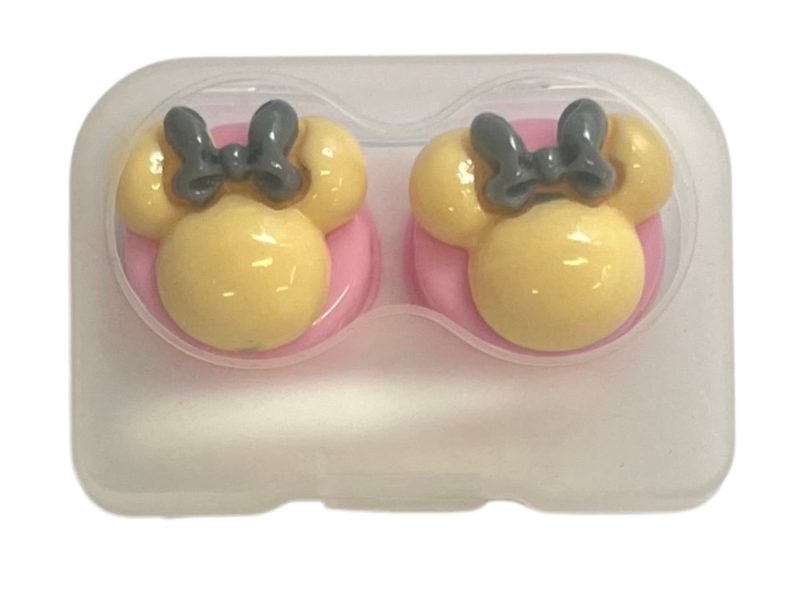 Estuche para lentes de contacto con figura de Minnie, Color: base rosa, amarillo, lazo gris