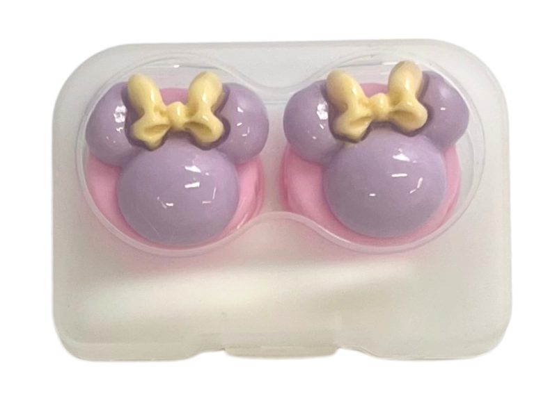 Estuche para lentes de contacto con figura de Minnie, Color: base rosa, morado, lazo amarillo