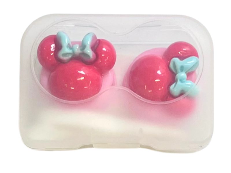 Estuche para lentes de contacto con figura de Minnie, color: base rosa, rojo, lazo azul